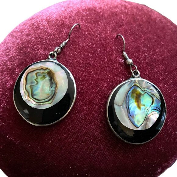 Vintage alpaca silver and abalone Mexico round dangle earrings - Picture 3 of 11